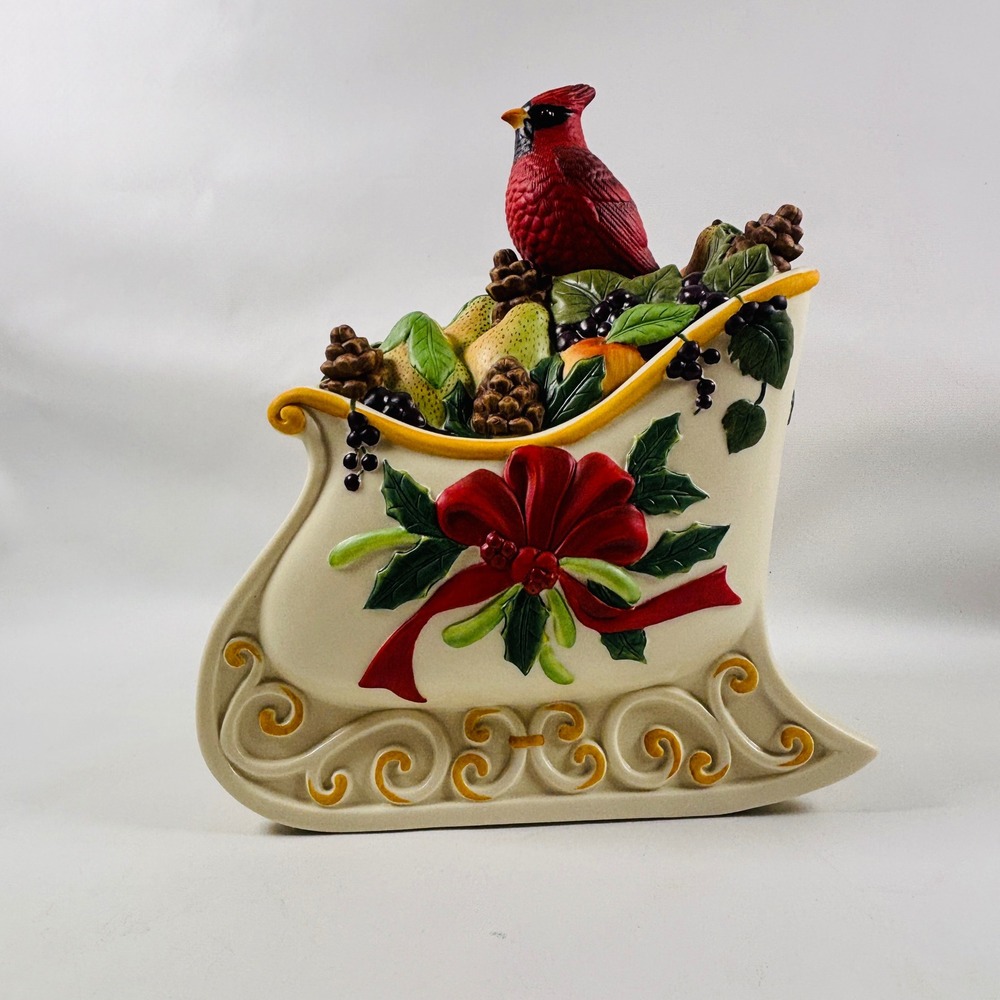 Lenox Winter Greetings Sleigh Cookie Jar Cardinal Catherine McClung 6148076